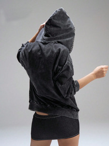 Sweat à capuche en coton polaire à double fermeture éclair pour femme Sweat-shirt coupe courte Rhinestone Distress Acid Washed Drop Shoulder Hoodie - Product Image 2