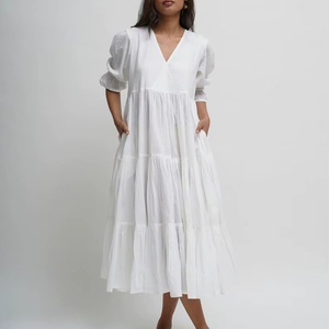 Robe longue blanche 100% coton avec manches bouffantes col en V doux coupe décontractée-ample respirant été printemps Style décontracté - Product Image 1
