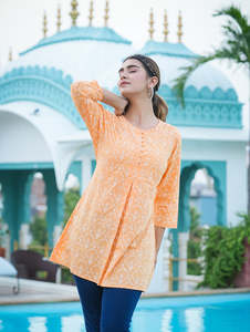 Yash Gallery Women's Orange Floral Printed Embroidered Cotton Short Kurti O-Neck 3/4th Sleeves Soft Breathable Fabric Formal - Product Image 3