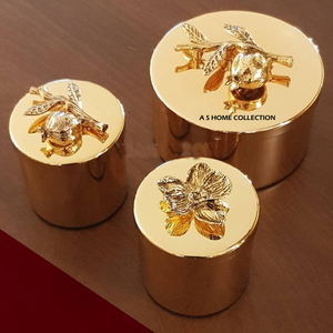 Crackle Glass Golden Leafy Design Stand Storage <b>Canister</b> <b>Set</b> of 3 for Kitchenware Usage High Quality Foods <b>Canister</b> Metal - Product Image 3