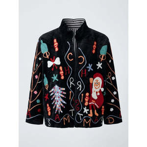 Chaqueta de Terciopelo Bordada Suzani - Prenda Exterior Reversible con Decoración Floral - Negro Azabache y Rojo Cardenal - Product Image 4