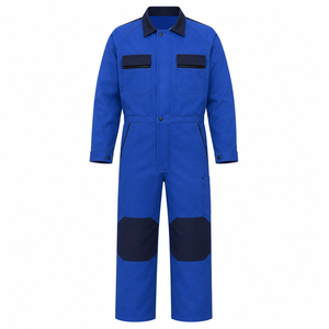 Combinaison industrielle pour homme en sergé épais bleu roi avec garniture marine, col pointu, poches à rabat sur la poitrine, genoux renforcés, multi-poches - Product Image 1