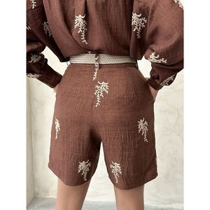 Women's Linen <b>Shorts</b> with <b>Belt</b> Detail and Embroidered Design - Product Image 1