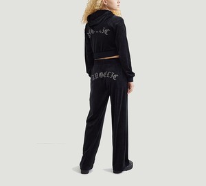 Sudadera con capucha y cremallera con logotipo personalizado Oem, cintura elástica, piernas rectas, pantalones para correr, chándal de terciopelo con diamantes de imitación para mujer - Product Image 6