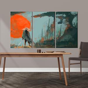 Toile imprimée en verre trempé avec motif de guerrier samouraï moderne - Décoration abstraite élégante, lot de 3 toiles - Product Image 1