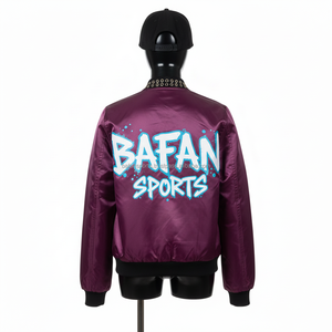 Chaquetas de Satén para Mujer de Alta Calidad, Tela Color Granate Intenso con Logotipo Bordado Personalizado y Detalles de Parches Suaves - Product Image 2