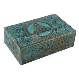 Top Quality Burnt Blue Wash Wooden Box Custom Design 8 X 5 X 2.5 Hand Carved Wooden Storage Box for Sale