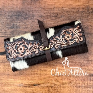 Organizador de joyas plegable de piel de vaca occidental Vintage de gran capacidad, nuevo estuche de rollo de viaje mecanizado a mano, joyería para mujer - Product Image 1