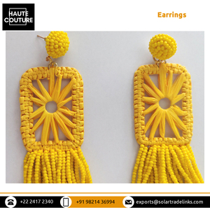 แฮนด์เมดElegant Design Raffiaรูปสี่เหลี่ยมผืนผ้าลูกปัดพู่ต่างหูยาว 11 ซม.สําหรับสาวชุดราตรีชายหาดกลางแจ้งสวมใส่ - Product Image 5