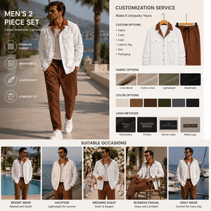 Conjunto de 2 Piezas con Aspecto de <span class=keywords><strong>Lino</strong></span> para <span class=keywords><strong>Hombre</strong></span>, <span class=keywords><strong>Camisa</strong></span> de Manga Corta <span class=keywords><strong>y</strong></span> Pantalones con Cordón, Ropa de Resort al Por Mayor, Diseño Personalizado OEM - Product Image 5