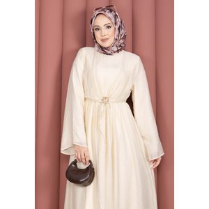 Vestido de Noche Cómodo de Gasa Beige con Broche Dorado Integrado, Bolero, Silueta en A, Cintura Imperio, Largo hasta el Suelo, para Fiesta - Product Image 2