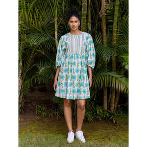 Vestido Midi de Algodón con Estampado Aloha - Vestido Casual con Mangas Abullonadas para Fiesta, Disponible en Tallas Grandes - Product Image 1
