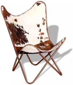 Silla de mariposa blanca y marrón hecha a mano, marco de hierro, cuero de cabra genuino, estilo rústico plegable para dormitorio al aire libre, ocio - Product Image 2