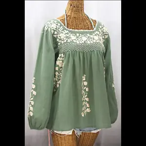 Gaya antik atasan Boho lengan panjang tunik katun musim panas dibuat dengan tangan blus petani bordir Meksiko untuk wanita