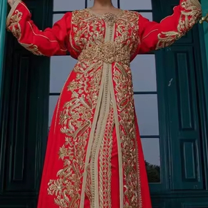 NEW--ELEGANT ZARI EMBROIDERY on RED MOROCCAN CAFTAN DRESS WITH EMBELLISHED CRYSTAL GLASS <b>BEADS</b>,<b>THREADS</b>,PEARLS,DABKA WORK @ 2024 - Product Image 1