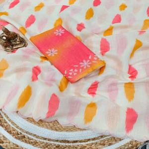 Saree de lino suave y pesado de primera calidad con impresión digital multicolor y trabajo Arco en una pieza de blusa a juego perfecta - Product Image 5