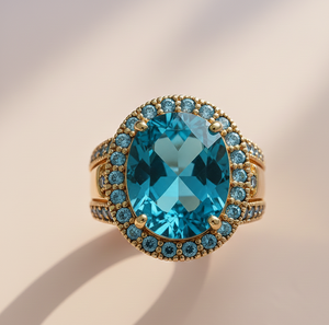 Anillo Ovalado de Topacio Azul de Diseño con Circonitas Cúbicas en Plata de Ley 925 Chapada en Oro de 18K, Regalo para Ella para Ocasiones Especiales - Product Image 5