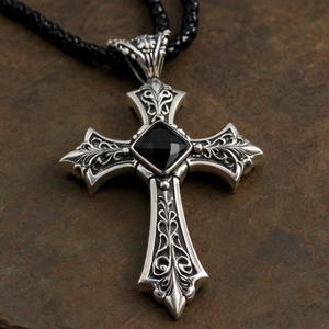 Colgante de Cruz gótica de ónix negro 925 de plata de ley estilo cristiano francés joyería ornamentada declaración Unisex - Product Image 3