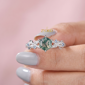 Anillo de Compromiso de Plata 925 con Ágata Musgosa Hexagonal, Diseño de Hojas y Enredaderas Inspirado en la Naturaleza - Product Image 1