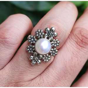 Handmade Boho Floral <b>Statement</b> <b>Ring</b> Sterling <b>Silver</b> with Pearls for Birthday Anniversary Christmas Valentine's Day Gift - Product Image 1