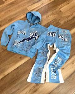 Custom Sweatsuits Zip up Hoodie Cut and DTG Stacked Flare Sweatpants and Hoodie Set <b>Rhinestone</b> Tracksuit Sweatsuit for Men - Product Image 1