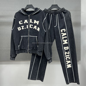 Venta al por mayor bordado pantalones de chándal Patchwork desgastado Zip up Sudadera con capucha conjunto de peso pesado de algodón lavado ácido chándal hombres - Product Image 4