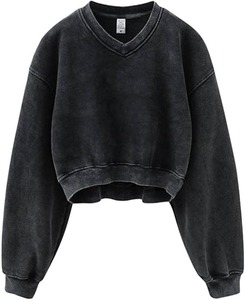 Acid Wash Winter Athletic Sweat à capuche pour femme Heritage Fleece Col en V Manches longues Y2K Crop 100% Coton - Product Image 1