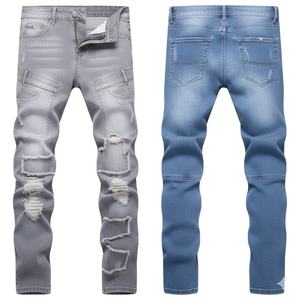 กางเกงยีนส์ผู้ชายทรงขาตรงเอวกลางสีพื้นผ้าฝ้ายเนื้อปานกลางซักสีแบบลำลองใส่สบายสำหรับฤดูร้อน แห้งเร็ว - Product Image 1