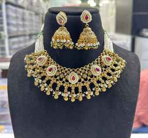 Conjunto de collar clásico chapado en oro de calidad superior de aspecto hermoso con pendientes Ropa tradicional para bodas Compromiso para mujeres - Product Image 3