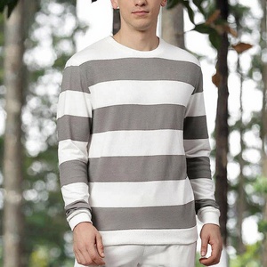 เสื้อสเวตเตอร์ถักคอกลมลายทางสำหรับผู้ชายทรงปกติลำลองฤดูใบไม้ร่วงสีขาวสีเทาแขนยาว - Product Image 2