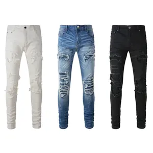 Großhandel Drops hipping Ripped Distressed Ribbed Reparierte Patched Slim Designer Herren Jeans