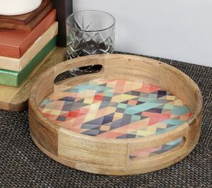 Plateau de service circulaire en bois de manguier en mosaïque de 10 pouces avec poignées Plateau de service décoratif pour table de petit-déjeuner - Product Image 2