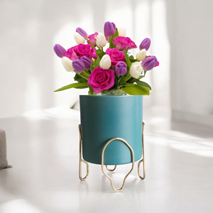 Modern Design <b>Planter</b> with Metal Iron Flower Vase with <b>Gold</b> Stand Ceramic Look Plant Display Pots and Home Decor Elegance Vases - Product Image 5