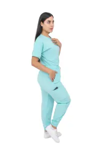 Surgical Scrubs - Women Stretch Antifluid Aqua Scrubs Set With Jogger Pants And Short-Sleeve Round Neck Custom