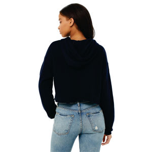 Sudadera con capucha de lana recortada para mujer Dobladillo crudo Hombro caído 52% Airlume Peinado y algodón hilado en anillo 48% Poly Navy Pullover Style - Product Image 3