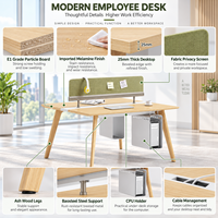 Paravents de bureau modulaires pour poste de travail 2 places avec panneau en tissu, pieds en bois et support pour unité centrale pour zone de travail d'équipe
