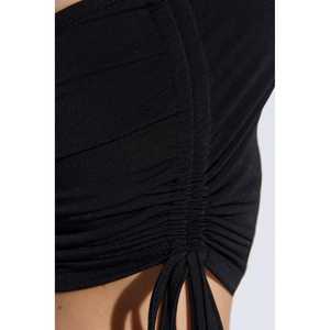 Casual Short <b>Crop</b> <b>Top</b> with Side Gathers <b>Black</b> Strapless Featuring Front Logo - Product Image 4