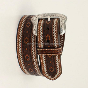 Ceinture d'outillage en cuir occidental sculptée à la main de luxe pour hommes avec coutures contrastées et boucle ardillon florale antique - Product Image 5