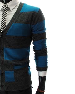 Blue Dark Grey Striped V Neck Knitted <b>Cardigan</b> Sweater With Button Closure And Soft Stretch Fabric Cotton For Winter Wear - Product Image 3