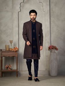 2024 azul marino elegante estilizado novio encogimientos de hombros adornado seda Kurta pantalón Zari bordado cuentas de cristal Dabka trabajo para Tallas grandes - Product Image 2