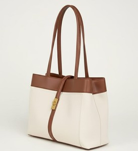 Two Tone Cream Brown Leather Candy Water Resistant Women's Luxury Tote <b>Bag</b> Shoulder Purse <b>Large</b> <b>Work</b> Handbag Gold Turn Lock - Product Image 5