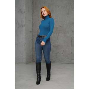 Pull en maille côtelé à col roulé pour femme, couleur pétrole, vente en gros - Product Image 4