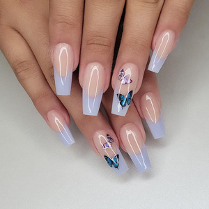 Venta al por mayor 24 Uds ABS <span class=keywords><strong>uñas</strong></span> postizas <span class=keywords><strong>azul</strong></span> <span class=keywords><strong>y</strong></span> <span class=keywords><strong>rosa</strong></span> mariposa estampado largo bailarina <span class=keywords><strong>uñas</strong></span> de dedo prensa con pegamento de <span class=keywords><strong>uñas</strong></span> - Product Image 1