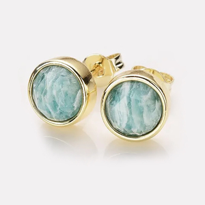 Boucles d'oreilles clous rondes en argent sterling 925 avec amazonite - Pierres précieuses naturelles de haute qualité, clous minimalistes - Product Image 1