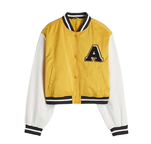 Recién llegado, chaqueta universitaria de satén de Color de contraste personalizada, chaqueta universitaria corta, chaqueta informal de bombardero de béisbol de satén para mujer - Product Image 1
