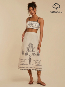 Conjunto de 2 Piezas de Verano para Mujer, Blusa Corta y Larga, Cuello Redondo, Sin Mangas, 100% Algodón, Tejido Chifón Sólido Bordado, Estilo Casual y Elegante - Product Image 4