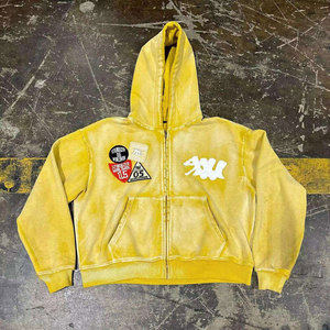 Sweat à capuche zippé personnalisé avec motif graphique, hiver, 100% coton molletonné, broderie vintage, patchwork, appliqué vieilli, lavage à l'acide, poche - Product Image 6