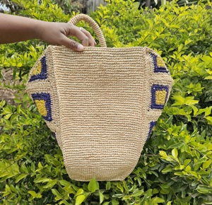Straw Bohemian <b>Tote</b> <b>Bag</b> With Geometric Embroidery Pattern Two Handles Open Top <b>Summer</b> Shopping Style - Product Image 2