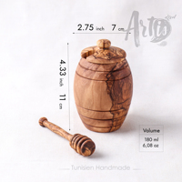 Pot à miel en bois d'olivier et cuillère à miel - Capacité 180 ml |   Accessoires de cuisine et de table tunisiens |   Marque privée
