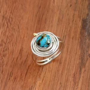 Bague en pierres précieuses Turquoise cuivre bleu 925 argent Sterling fil Wrap double bande déclaration bijoux cadeau - Product Image 2